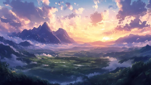 Sunrise river valley dreaming beneath towering violet peaks.