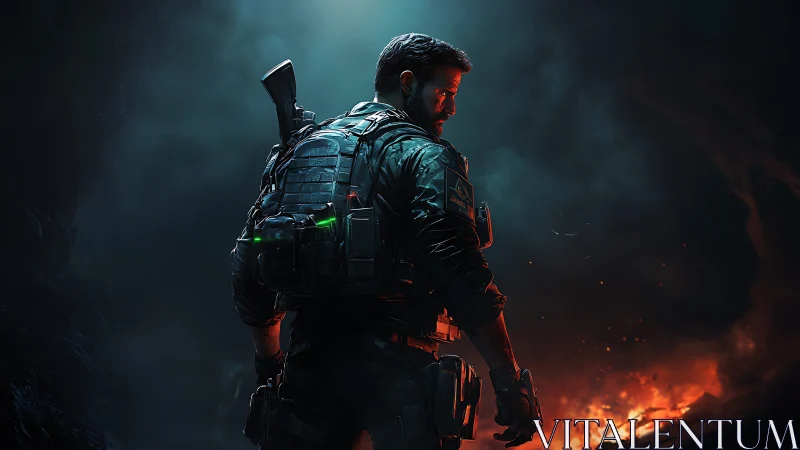 Battle-scarred tactician stalks the firelit edge of war