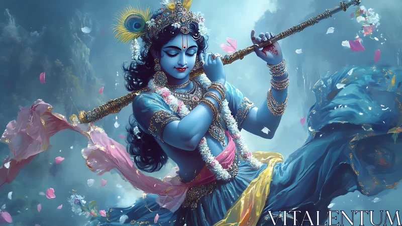 Graceful blue deity plays a flute amid swirling flower petals
