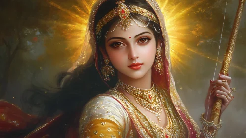 Divine warrior portrait with radiant backlight and ornate jewelry