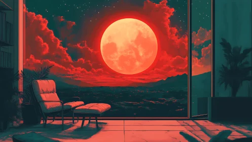 Vast red moon dominates coastal view from modern interior