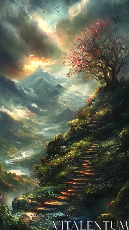 Sunlit mountain path ascends toward a glowing, mystical peak