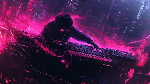 Hooded electronic musician at synthesizer in neon haze.