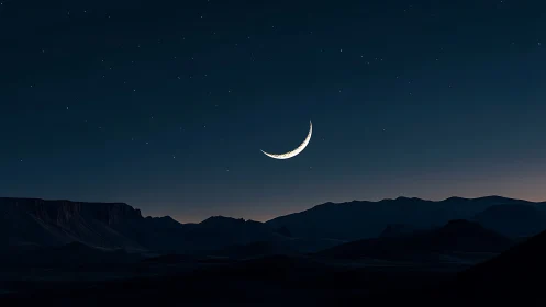 Crescent moon hangs above distant mountain silhouettes at night