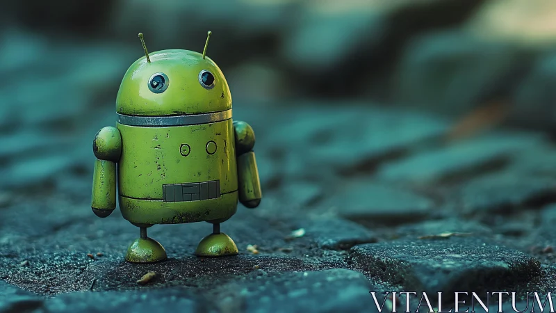 Distressed green toy robot on shallow depth cobblestone street