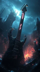 Demonic black electric guitar in molten infernal landscape