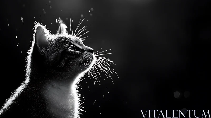 Feline Silhouette Against Black: High-Contrast Portrait Study. Whiskers backlit.