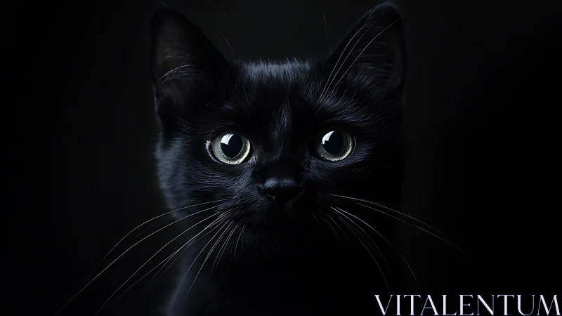Black Cat with Luminous Eyes Against Dark Background.