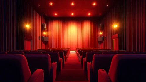 Cinematic auditorium interior with red ambient lighting design.