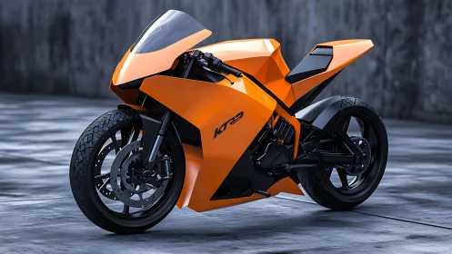 Electric orange sport motorcycle stands in wet concrete studio