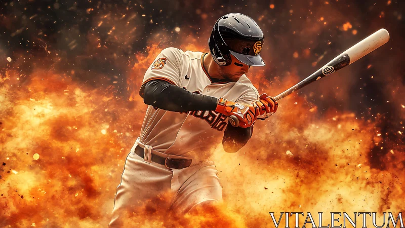Fiery baseball slugger swings through blazing orange sparks