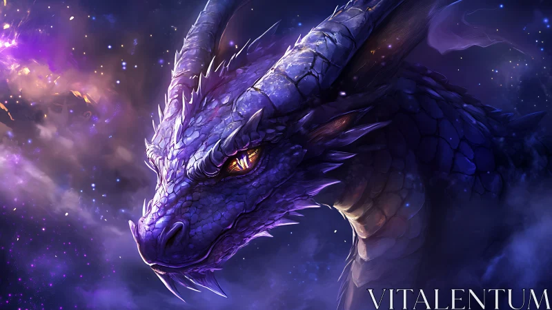 Starlit violet dragon gazes through a nebulous cosmic sky.