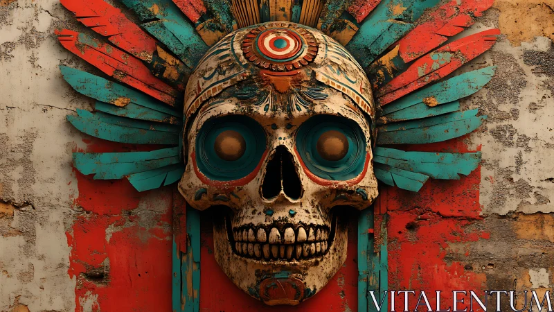 Painted skull relief glows against distressed tribal mural
