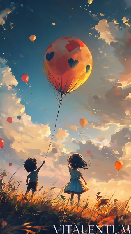 Children holding decorated balloon in field at sunset.