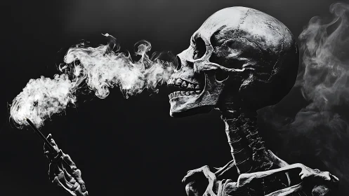 Skeleton with drifting smoke in stark monochrome portrait.