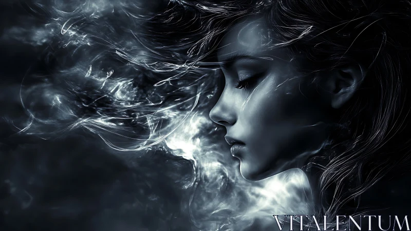 Ethereal side portrait in swirling monochrome mist.