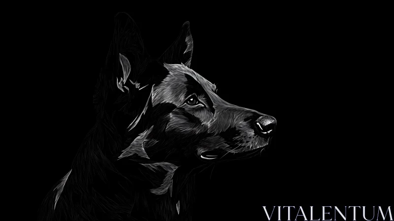 Monochrome side profile illustration of a German Shepherd.