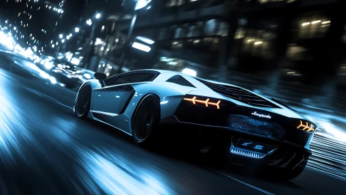 White sports car on wet city street at night in motion blur.