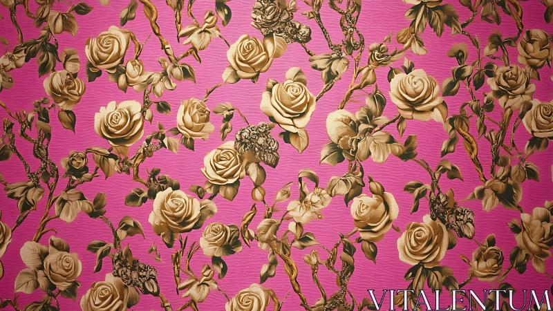 Beige rose clusters repeat over a uniform magenta background