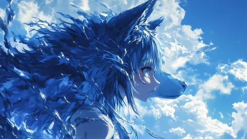 Skybound wolf spirit girl gazes ahead in shimmering blue light