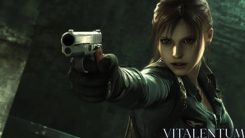 Female character aims silver handgun with intense focus