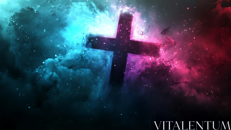 Nebula-cross erupts in electric blue and crimson reverence.