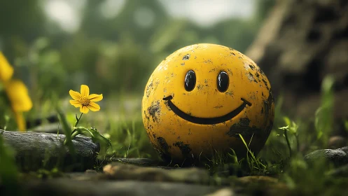 Weathered yellow smiley sphere brightens forest floor