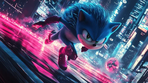 Blue speedster dashes through neon cyber city at night.