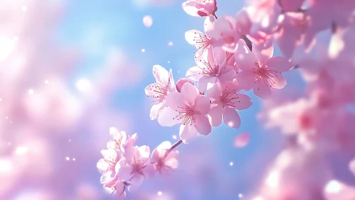 Cherry blossom branch glows against soft pastel sky.