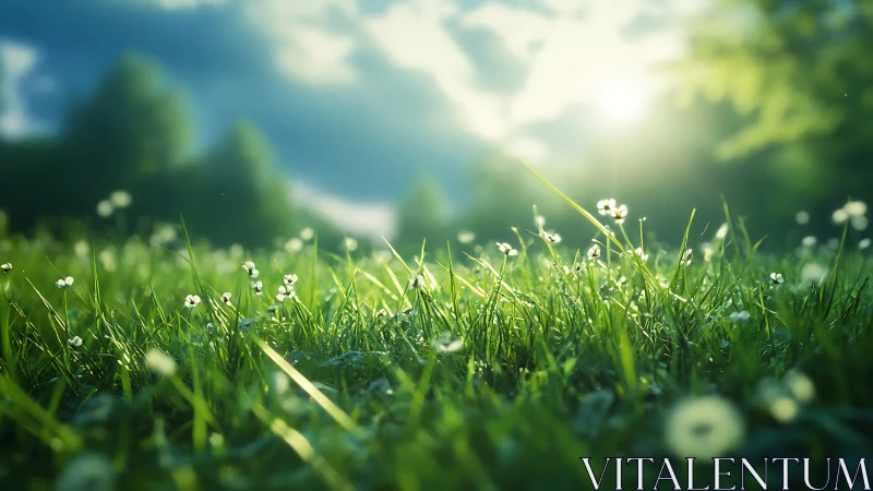 Close-up view of green grass and small flowers in sunlight.