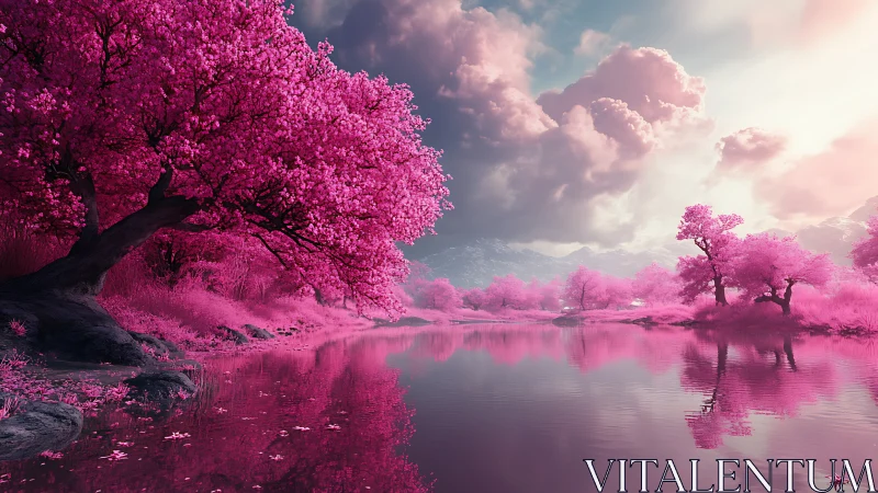 Pink blossom river valley under dramatic stormlit sky.