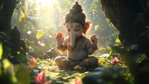 Softly lit baby Ganesha idol rendered with high-detail 3D volumetrics