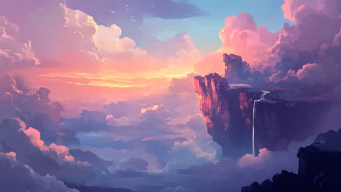 Sunset sky cliffs and waterfall rendered in luminous digital painting
