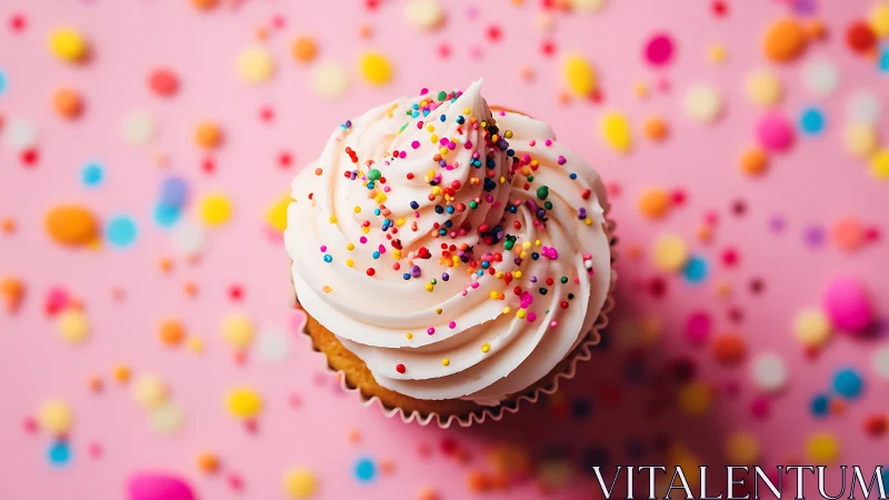 Frosted Cupcake Celebration With Colorful Sprinkles and Pink Background