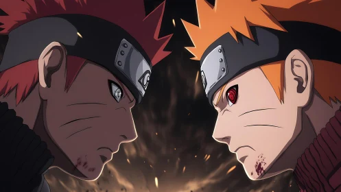 Rival ninja warriors lock eyes amid a storm of burning embers