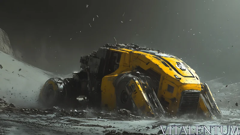 Stormworn lunar rover claws through bleak alien dust storm.