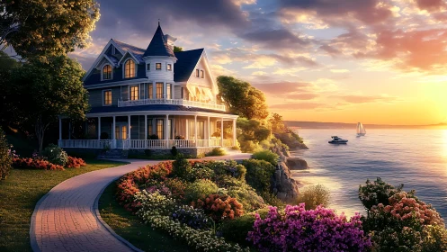 Victorian coastal house with gardens at calm sunset view.