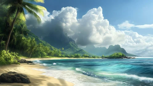 Tropical Island Paradise with Emerald Mountain and White Sand Beach