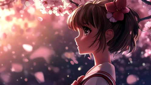 Twilight profile of girl under glowing sakura blossoms.