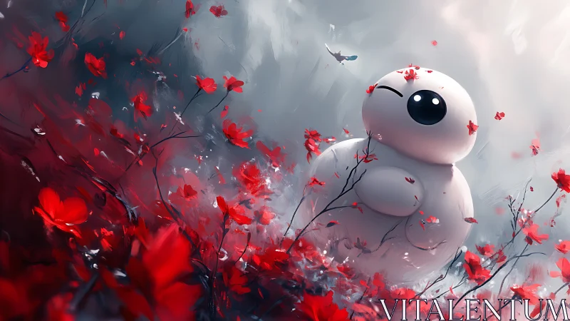 Playful robot drifts through scarlet blossoms and misty light.