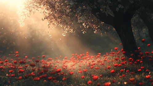 Sunlit poppy field extends beneath flowering trees at dawn