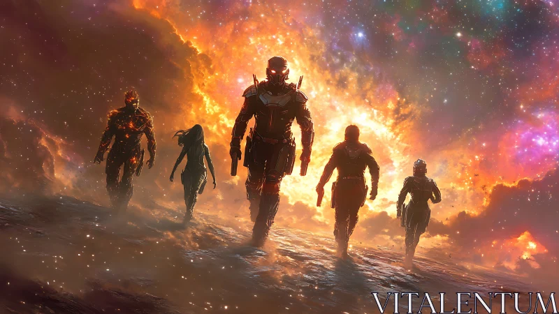 Futuristic squad walking toward bright cosmic explosion.