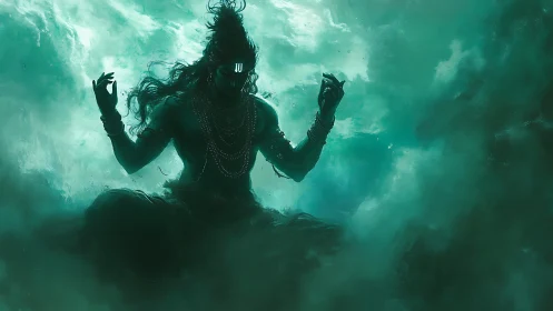 Mystical meditating figure glows softly within swirling mist