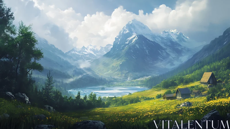 Sunlit alpine valley opens toward misty, snow-capped peaks