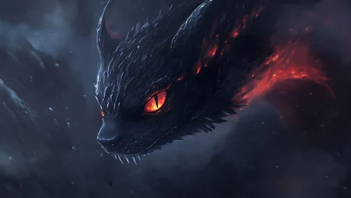 Ember-eyed shadow dragon cat gliding through stormy night.