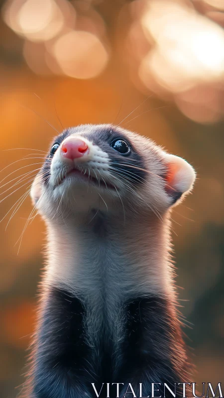 Bright-eyed ferret sentinel under autumn bokeh skies.