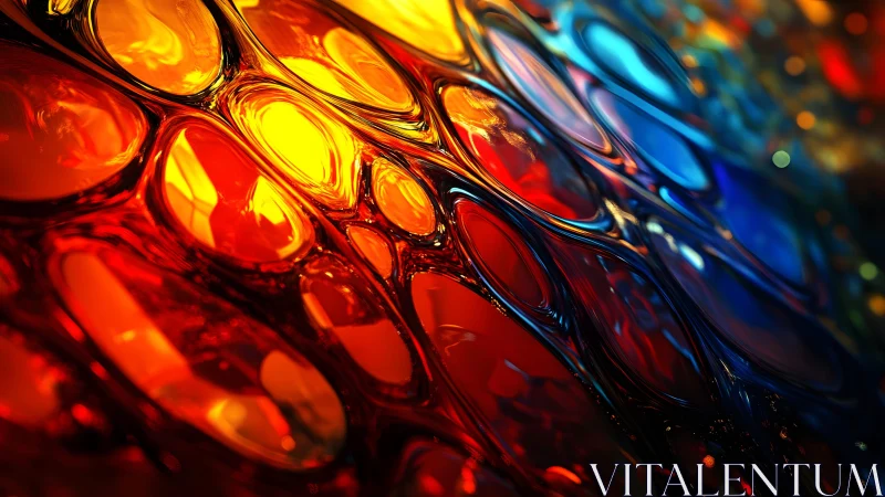 Abstract stained glass with vibrant red, yellow, and blue colors.