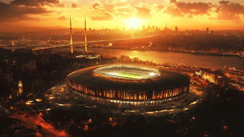 Sunset stadium panorama with luminous riverfront cityscape.