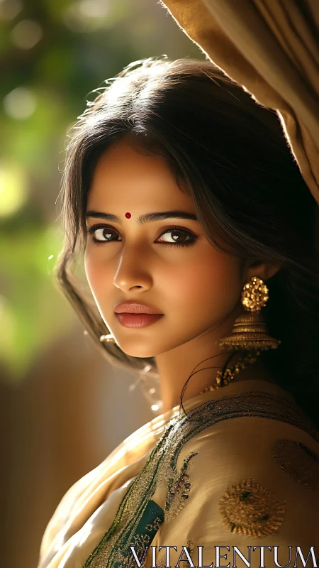 Portrait of woman in saree with traditional jewelry.