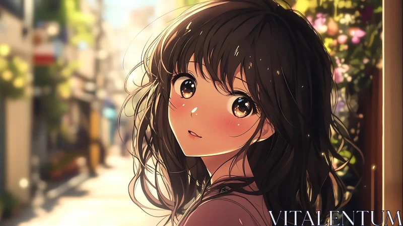 Sunlit anime girl glancing back on a softly blurred street.
